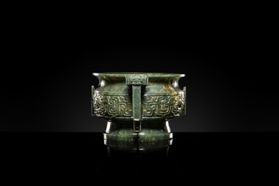 A SPINACH GREEN JADEITE GUI-FORM CENSER, LATE QING DYNASTY
