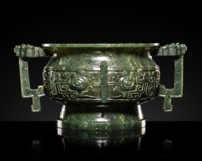 A SPINACH GREEN JADEITE GUI-FORM CENSER, LATE QING DYNASTY