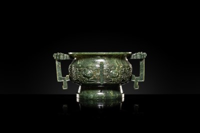 A SPINACH GREEN JADEITE GUI-FORM CENSER, LATE QING DYNASTY