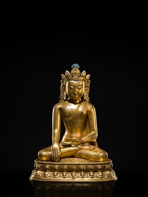 A LARGE GILT-BRONZE FIGURE OF CROWNED BUDDHA