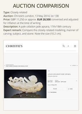 A JADE CARVING OF AN APSARA, 17TH-18TH CENTURY OR EARLIER