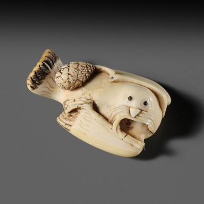 MASANOBU: AN IVORY NETSUKE OF A FUKURA SUZUME WITH MILLET