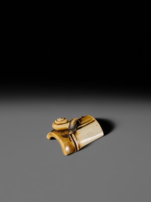 Lot 140 - HIDEMASA: A FINE OSAKA SCHOOL IVORY NETSUKE OF A SNAIL ON BAMBOO