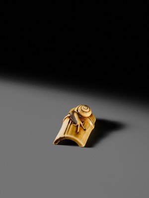 Lot 140 - HIDEMASA: A FINE OSAKA SCHOOL IVORY NETSUKE OF A SNAIL ON BAMBOO