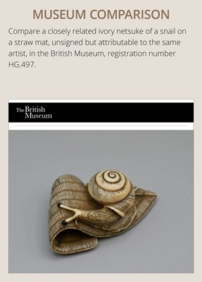 Lot 140 - HIDEMASA: A FINE OSAKA SCHOOL IVORY NETSUKE OF A SNAIL ON BAMBOO