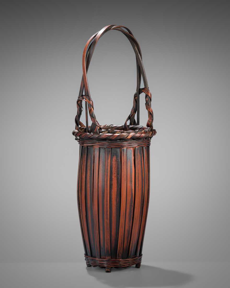 Lot 1558 - KOSUGE CHIKUDO (ATTR.): A BAMBOO AND RATTAN ‘HOTEI CHIKU’ HANAKAGO (FLOWER BASKET)