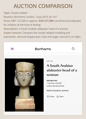 Lot 61 - A RARE ALABASTER HEAD OF A WOMAN, ANCIENT KINGDOM OF SABA