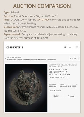 Lot 76 - A FINELY CAST ROMAN BRONZE ‘MOLOSSIAN DOG’ FULCRUM TERMINAL, MID-2ND CENTURY AD