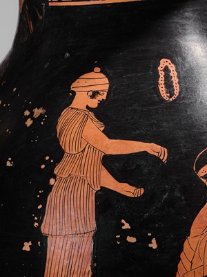 Lot 73 - AN ATTIC RED-FIGURED PELIKE, MANNER OF THE SABOUROFF PAINTER, CIRCA 450 BC, WITH A FEMALE FIGURE IN PENELOPE ICONOGRAPHY