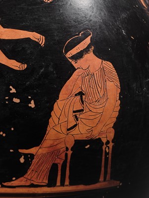 Lot 73 - AN ATTIC RED-FIGURED PELIKE, MANNER OF THE SABOUROFF PAINTER, CIRCA 450 BC, WITH A FEMALE FIGURE IN PENELOPE ICONOGRAPHY