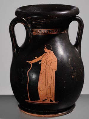 Lot 73 - AN ATTIC RED-FIGURED PELIKE, MANNER OF THE SABOUROFF PAINTER, CIRCA 450 BC, WITH A FEMALE FIGURE IN PENELOPE ICONOGRAPHY