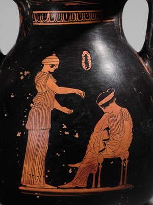 Lot 73 - AN ATTIC RED-FIGURED PELIKE, MANNER OF THE SABOUROFF PAINTER, CIRCA 450 BC, WITH A FEMALE FIGURE IN PENELOPE ICONOGRAPHY