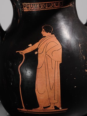 Lot 73 - AN ATTIC RED-FIGURED PELIKE, MANNER OF THE SABOUROFF PAINTER, CIRCA 450 BC, WITH A FEMALE FIGURE IN PENELOPE ICONOGRAPHY