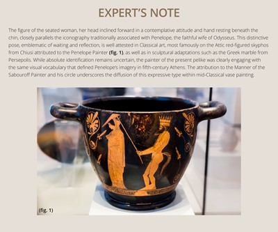 Lot 73 - AN ATTIC RED-FIGURED PELIKE, MANNER OF THE SABOUROFF PAINTER, CIRCA 450 BC, WITH A FEMALE FIGURE IN PENELOPE ICONOGRAPHY