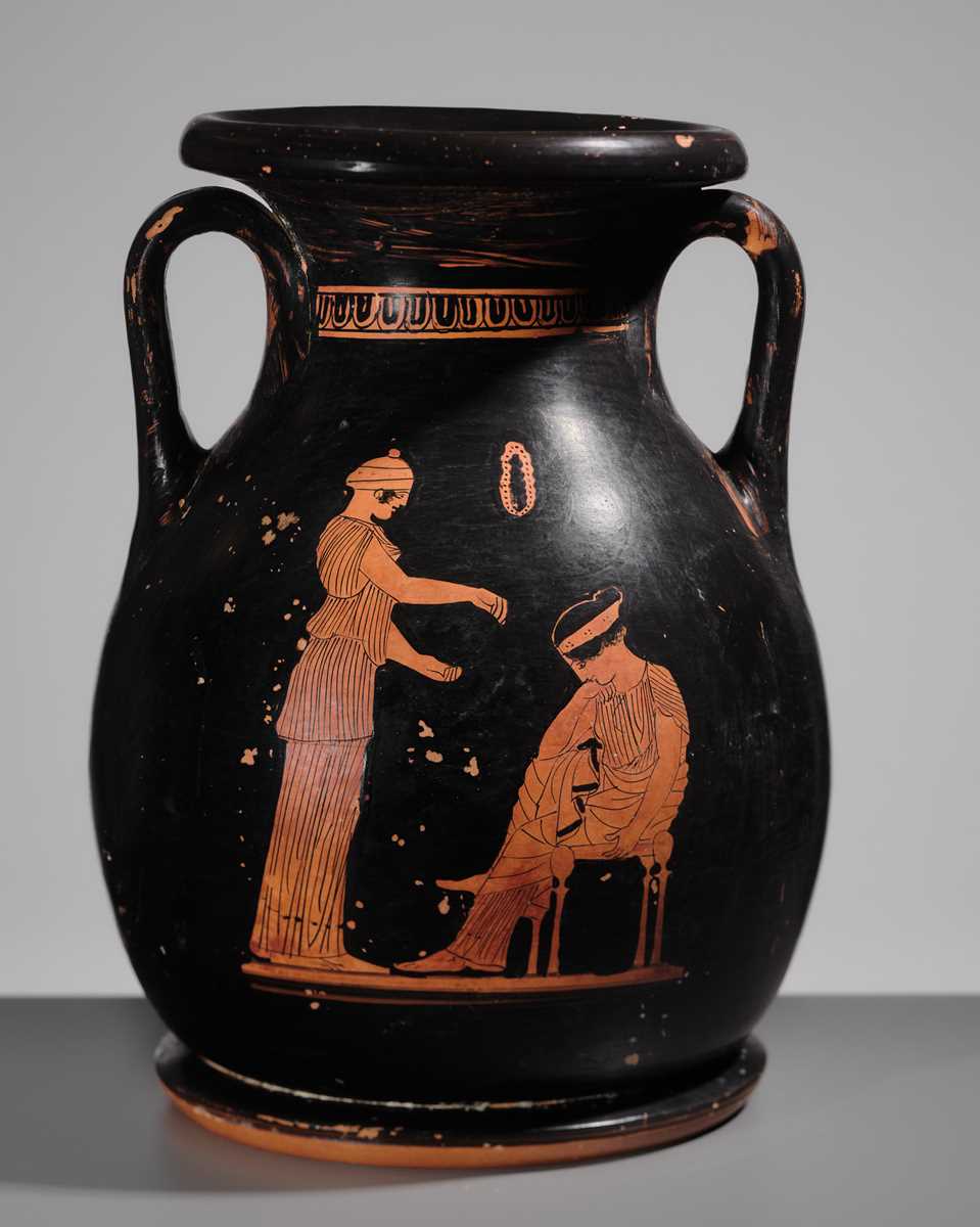 Lot 73 - AN ATTIC RED-FIGURED PELIKE, MANNER OF THE SABOUROFF PAINTER, CIRCA 450 BC, WITH A FEMALE FIGURE IN PENELOPE ICONOGRAPHY