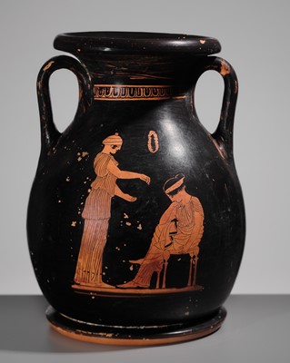 Lot 73 - AN ATTIC RED-FIGURED PELIKE, MANNER OF THE SABOUROFF PAINTER, CIRCA 450 BC, WITH A FEMALE FIGURE IN PENELOPE ICONOGRAPHY