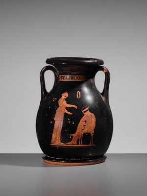 Lot 73 - AN ATTIC RED-FIGURED PELIKE, MANNER OF THE SABOUROFF PAINTER, CIRCA 450 BC, WITH A FEMALE FIGURE IN PENELOPE ICONOGRAPHY