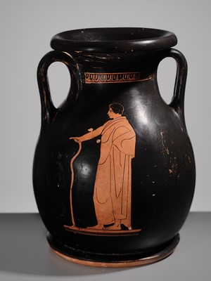 Lot 73 - AN ATTIC RED-FIGURED PELIKE, MANNER OF THE SABOUROFF PAINTER, CIRCA 450 BC, WITH A FEMALE FIGURE IN PENELOPE ICONOGRAPHY