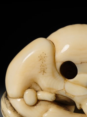 Lot 111 - JOEI: A SUPERB MARINE IVORY NETSUKE OF A RECLINING HORSE
