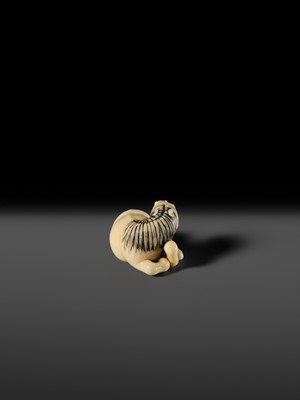 Lot 111 - JOEI: A SUPERB MARINE IVORY NETSUKE OF A RECLINING HORSE