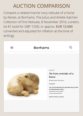Lot 111 - JOEI: A SUPERB MARINE IVORY NETSUKE OF A RECLINING HORSE