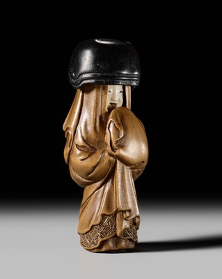 Lot 269 - KOMIN: A SUPERB INLAID WOOD NETSUKE OF NABE KABURI
