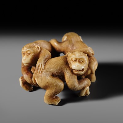 Lot 288 - IKKOSAI: A FINE IVORY NETSUKE OF THREE MONKEYS