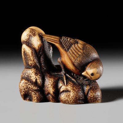 Lot 149 - MITSUHIRO: A VERY FINE IVORY NETSUKE OF A PHEASANT ON A ROCK