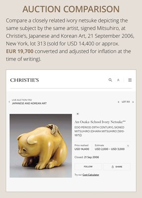 Lot 145 - MITSUHIRO: A FINE OSAKA SCHOOL IVORY NETSUKE OF A PUPPY AND DRAGONFLY