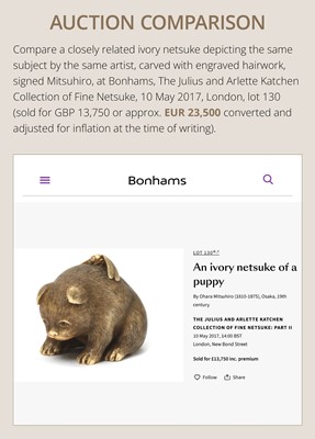 Lot 145 - MITSUHIRO: A FINE OSAKA SCHOOL IVORY NETSUKE OF A PUPPY AND DRAGONFLY