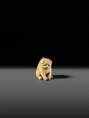 Lot 145 - MITSUHIRO: A FINE OSAKA SCHOOL IVORY NETSUKE OF A PUPPY AND DRAGONFLY