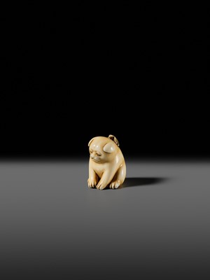 Lot 145 - MITSUHIRO: A FINE OSAKA SCHOOL IVORY NETSUKE OF A PUPPY AND DRAGONFLY
