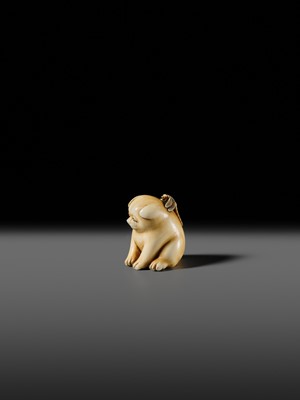 Lot 145 - MITSUHIRO: A FINE OSAKA SCHOOL IVORY NETSUKE OF A PUPPY AND DRAGONFLY