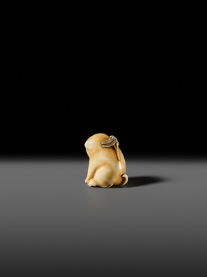 Lot 145 - MITSUHIRO: A FINE OSAKA SCHOOL IVORY NETSUKE OF A PUPPY AND DRAGONFLY
