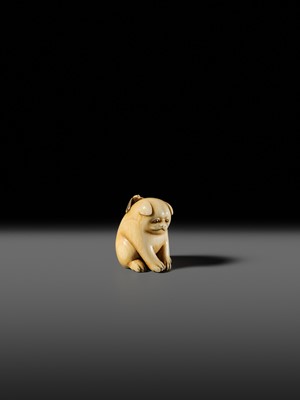 Lot 145 - MITSUHIRO: A FINE OSAKA SCHOOL IVORY NETSUKE OF A PUPPY AND DRAGONFLY