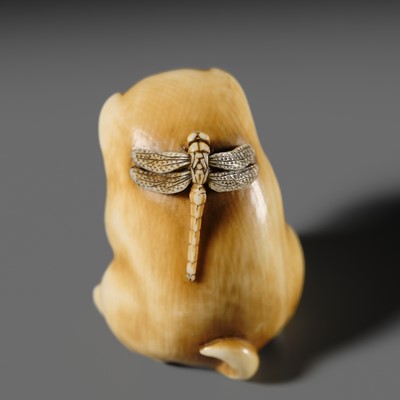 Lot 145 - MITSUHIRO: A FINE OSAKA SCHOOL IVORY NETSUKE OF A PUPPY AND DRAGONFLY