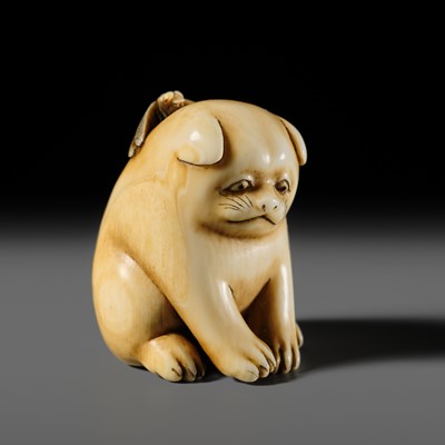 Lot 145 - MITSUHIRO: A FINE OSAKA SCHOOL IVORY NETSUKE OF A PUPPY AND DRAGONFLY