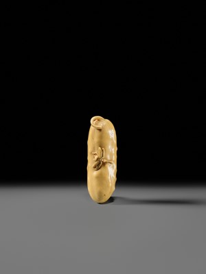 Lot 146 - MASAYOSHI: A FINE OSAKA SCHOOL IVORY NETSUKE OF A CUCUMBER AND DRAGONFLY