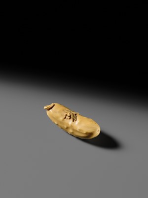 Lot 146 - MASAYOSHI: A FINE OSAKA SCHOOL IVORY NETSUKE OF A CUCUMBER AND DRAGONFLY