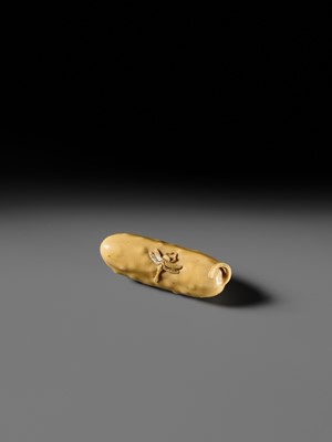 Lot 146 - MASAYOSHI: A FINE OSAKA SCHOOL IVORY NETSUKE OF A CUCUMBER AND DRAGONFLY
