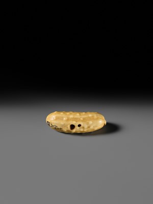 Lot 146 - MASAYOSHI: A FINE OSAKA SCHOOL IVORY NETSUKE OF A CUCUMBER AND DRAGONFLY