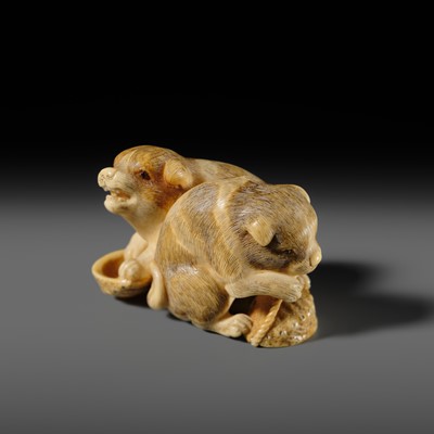 Lot 121 - OKATOMO: A CHARMING IVORY NETSUKE OF TWO PUPPIES WITH AWABI