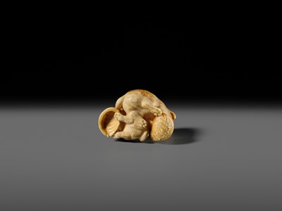 Lot 121 - OKATOMO: A CHARMING IVORY NETSUKE OF TWO PUPPIES WITH AWABI