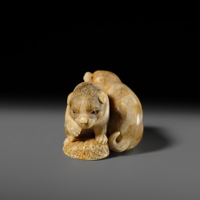 Lot 121 - OKATOMO: A CHARMING IVORY NETSUKE OF TWO PUPPIES WITH AWABI