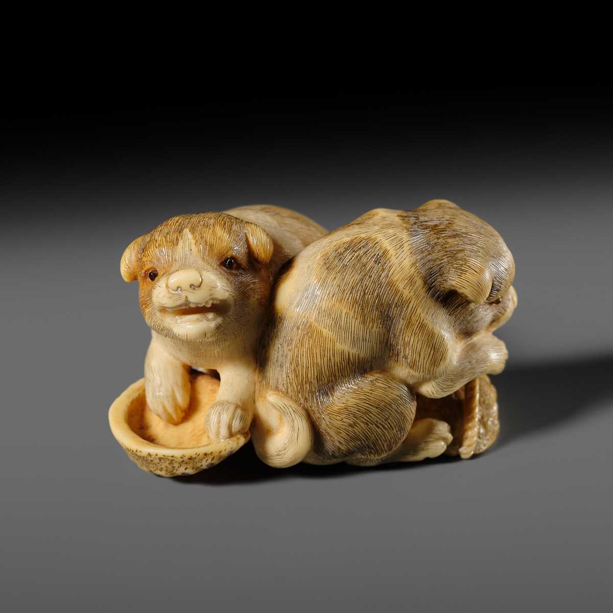 Lot 121 - OKATOMO: A CHARMING IVORY NETSUKE OF TWO PUPPIES WITH AWABI