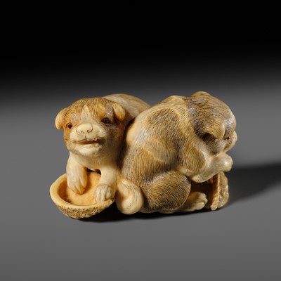 Lot 121 - OKATOMO: A CHARMING IVORY NETSUKE OF TWO PUPPIES WITH AWABI