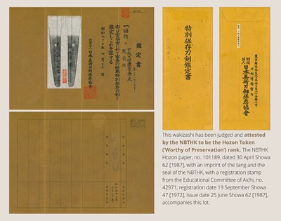 KANEMASA: AN ECHIZEN WAKIZASHI IN FINE KOSHIRAE AND SHIRASAYA WITH NBTHK TOKUBETSU HOZON TOKEN CERTIFICATES FOR THE MOUNTING AND BLADE