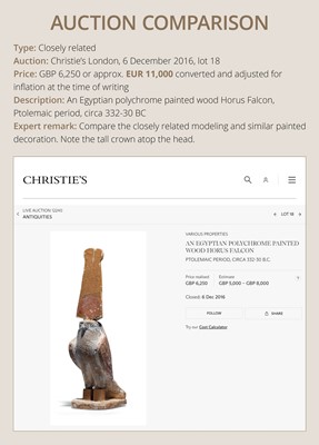 Lot 18 - A PAINTED WOOD FIGURE OF A FALCON, THE EMBODIMENT OF HORUS, LATE PERIOD TO PTOLEMAIC ERA