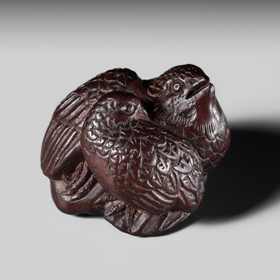 Lot 166 - DONRIN: A FINE DARK WOOD WOOD NETSUKE OF TWO QUAILS