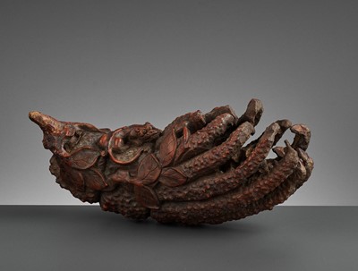 Lot 546 - A CARVED BAMBOO BUDDHA’S HAND FINGER CITRON WITH QILIN, QING